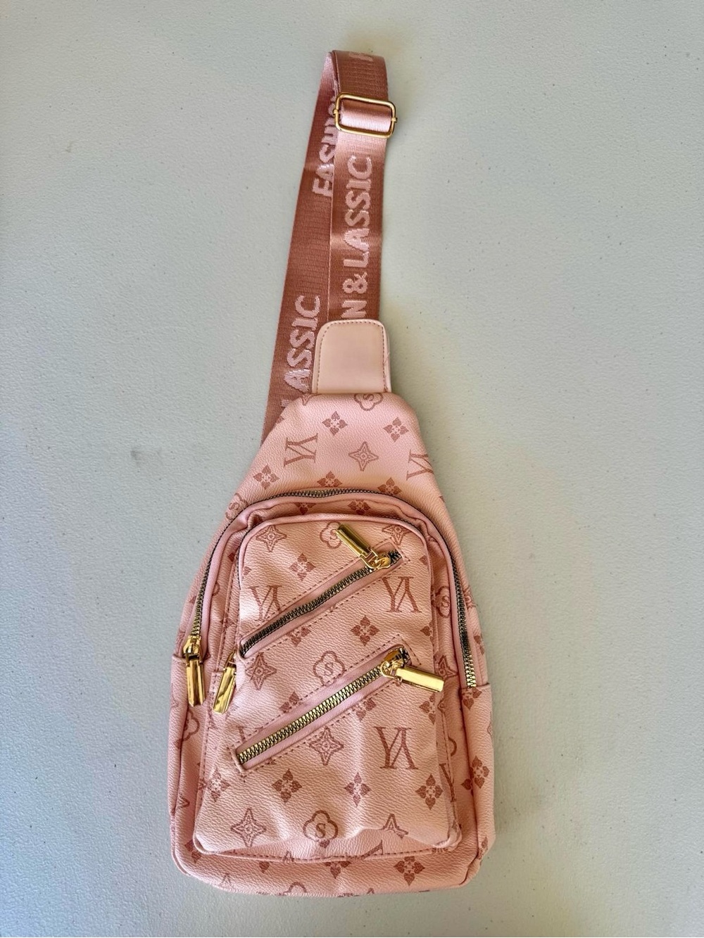 Pink Monogram Crossbody Sling Bag with Gold Hardware